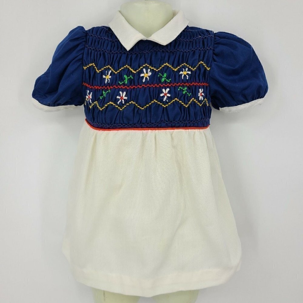 Vintage Hand Smocked By Pioneer Baby Dress Girls 3T Floral Blue White